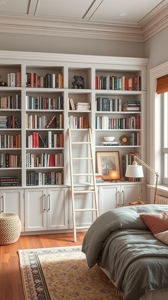 A cozy corner bookshelf with a ladder, filled with books and decorative items, next to a bed.