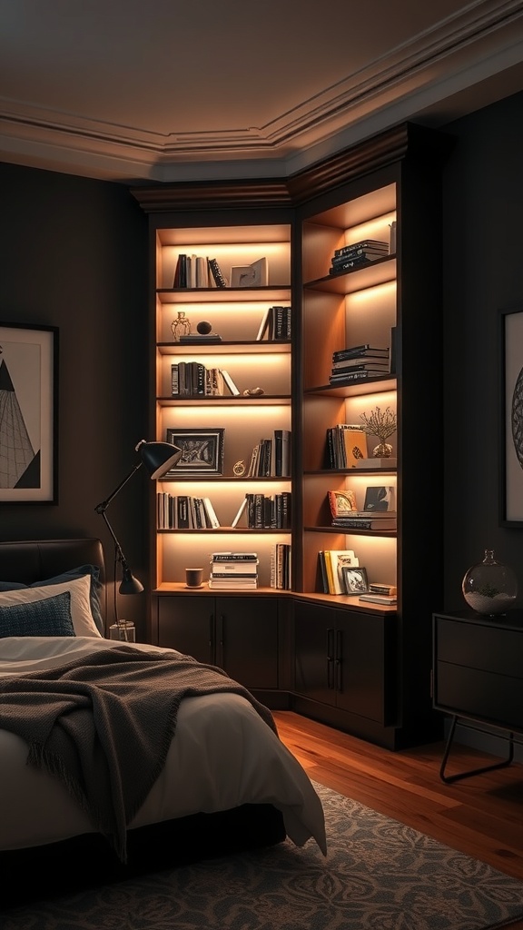 A stylish corner bookshelf with built-in lighting, showcasing books and decor in a cozy bedroom setting.