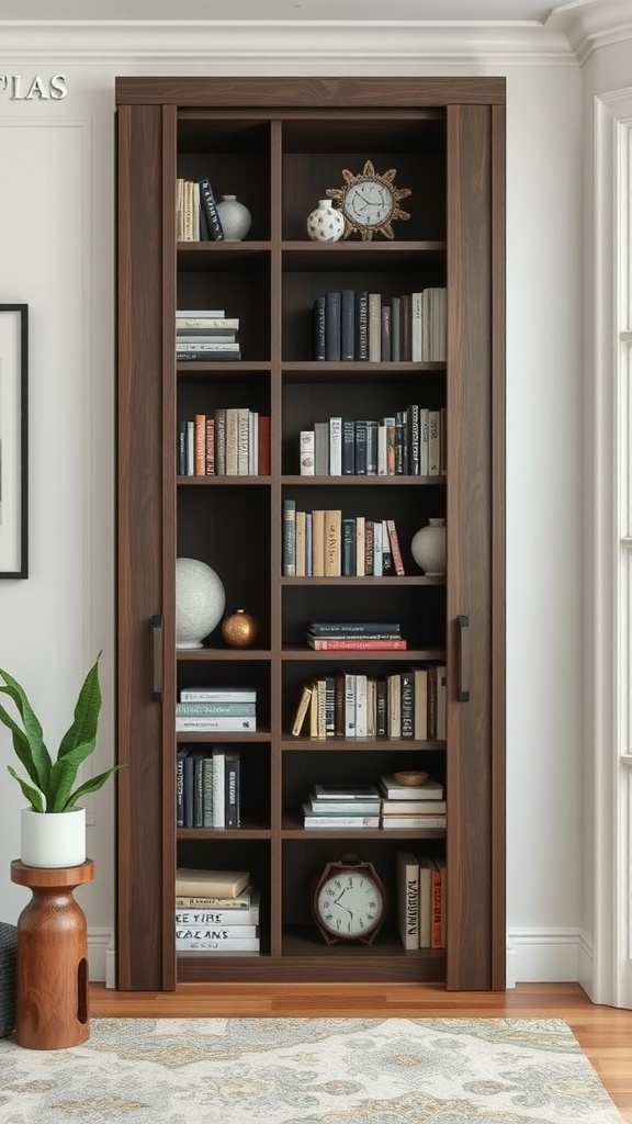 Corner bookshelf with sliding doors displaying books and decor items.
