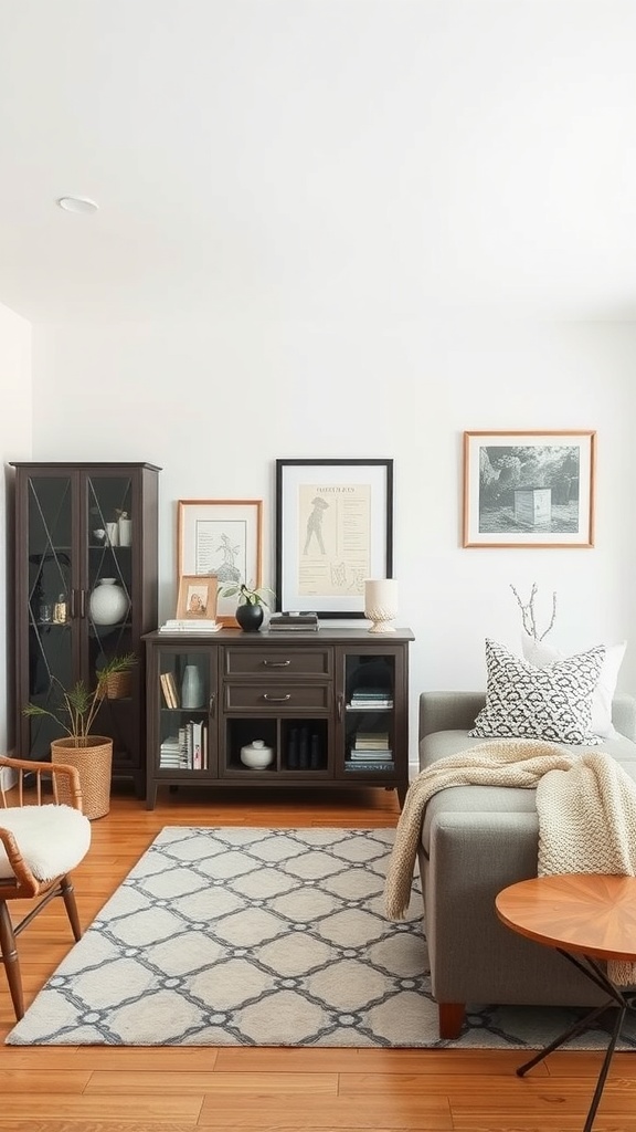 A stylish living room featuring a corner cabinet, a cozy sofa, and decorative elements.