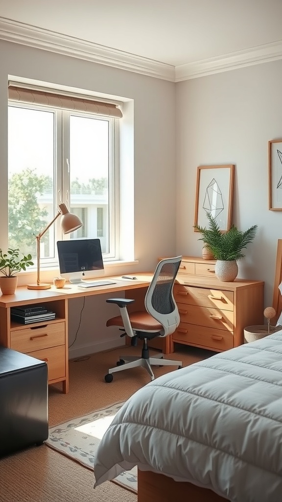 A cozy bedroom featuring a corner desk with an ergonomic chair, natural light from a window, and decorative plants.