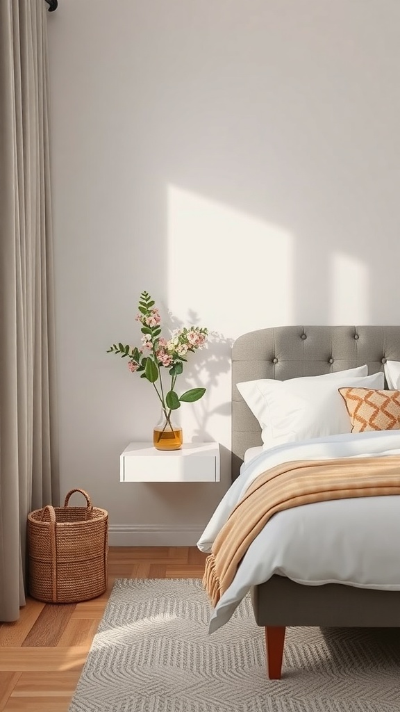 A cozy bedroom with a corner floating nightstand, featuring a vase of flowers and a woven basket.