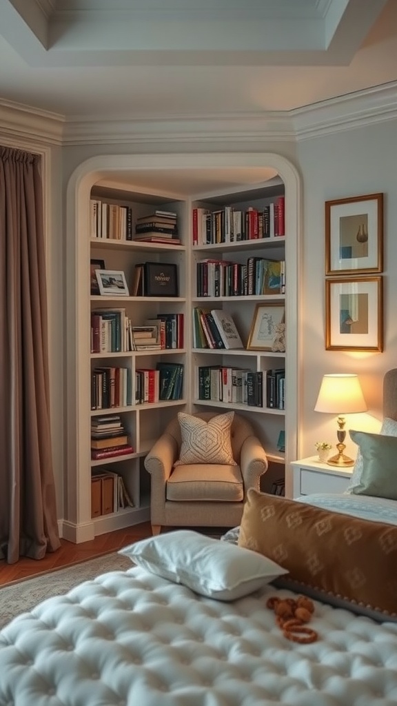 Cozy bedroom corner nook with a bookshelf and seating