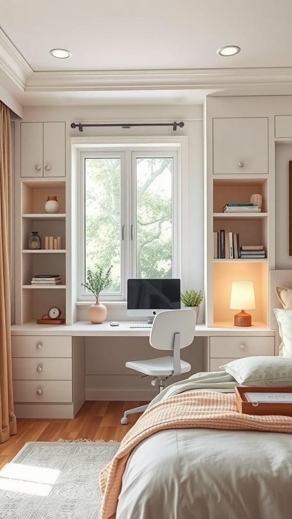 Cozy bedroom corner nook with a built-in desk, shelves, and natural light.