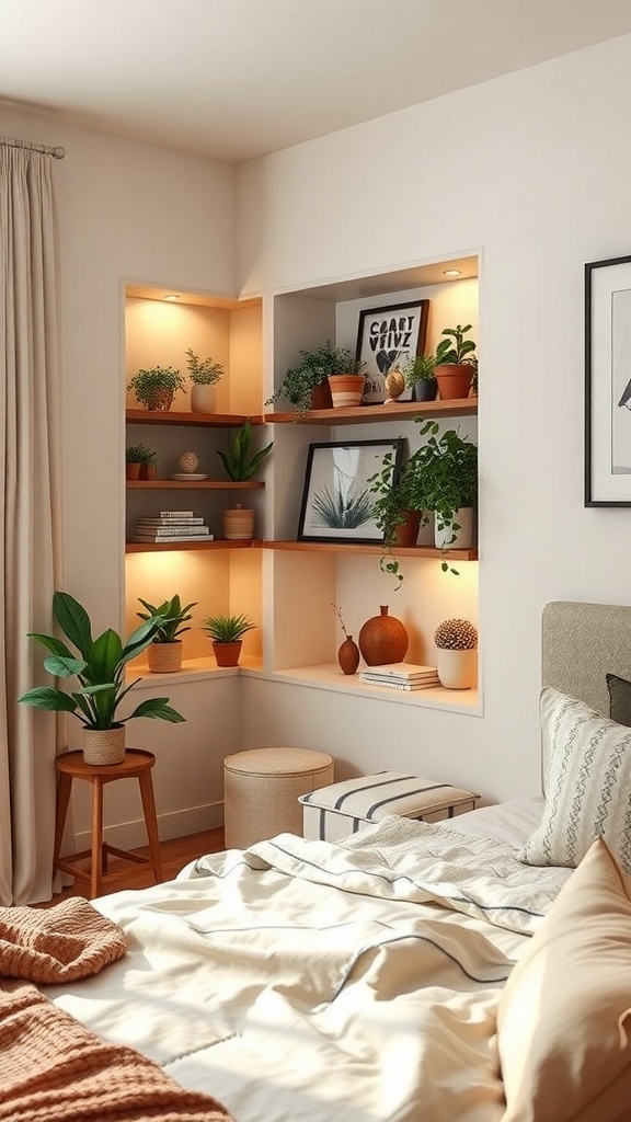 A cozy bedroom corner with integrated shelving displaying plants and decorative items.
