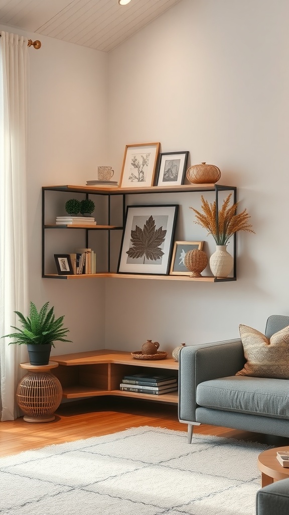 A modern living room featuring corner shelves with decorative items and plants.