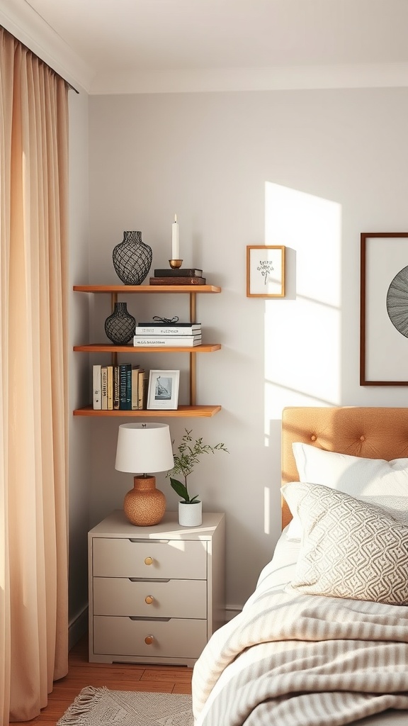 A cozy bedroom corner with shelves displaying books, decor, and a candle, showcasing effective vertical storage.