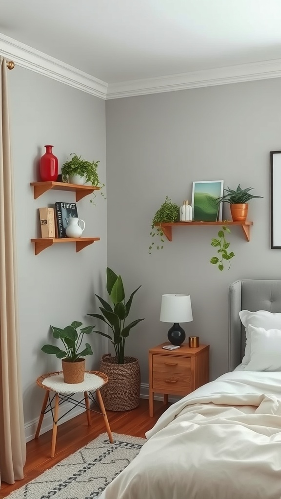 A cozy bedroom featuring corner shelves with plants and decorative items.