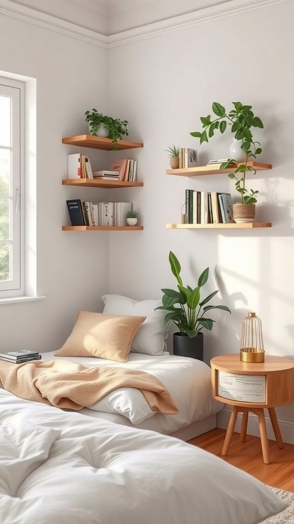 Cozy bedroom with wooden corner shelves filled with books and plants
