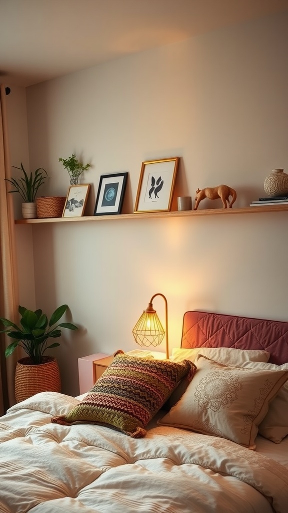 A cozy bedroom featuring corner shelves with decor and plants
