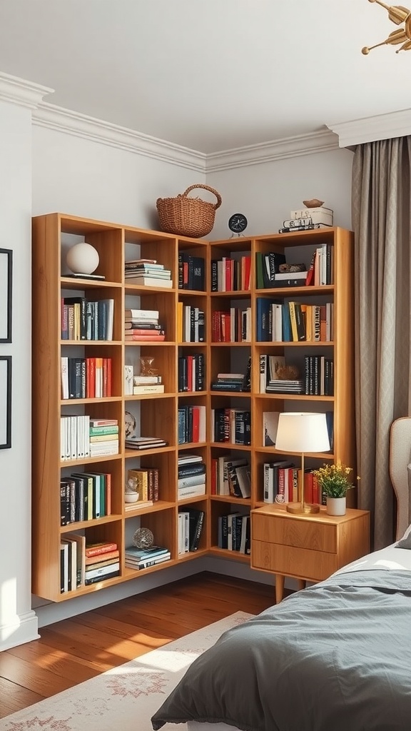A corner bookshelf filled with books, a lamp, and a small plant in a cozy bedroom.