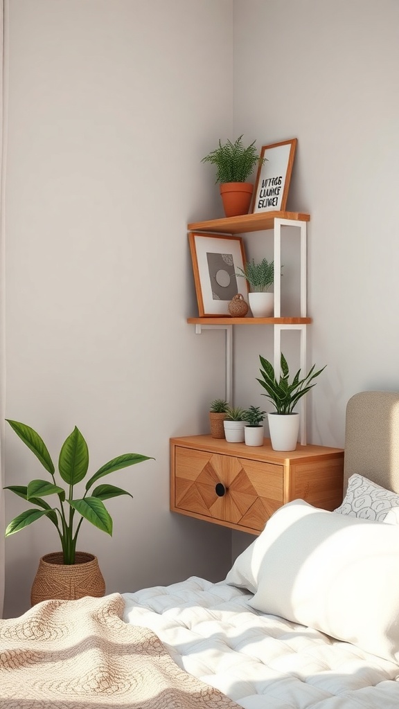 A stylish corner shelf with plants and decorative items in a cozy bedroom setting.