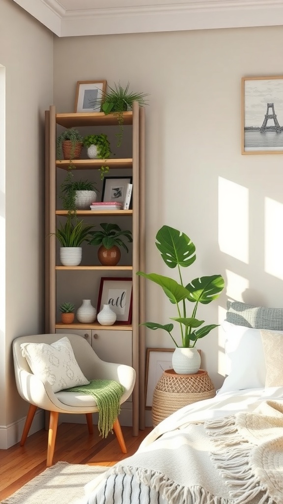 A cozy corner featuring a wooden corner shelving unit filled with plants and decor, alongside a comfortable chair.
