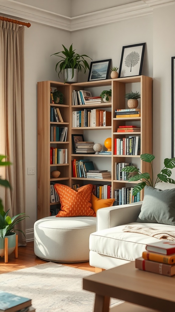 A cozy living room with a corner shelving unit filled with books, plants, and decorative items.