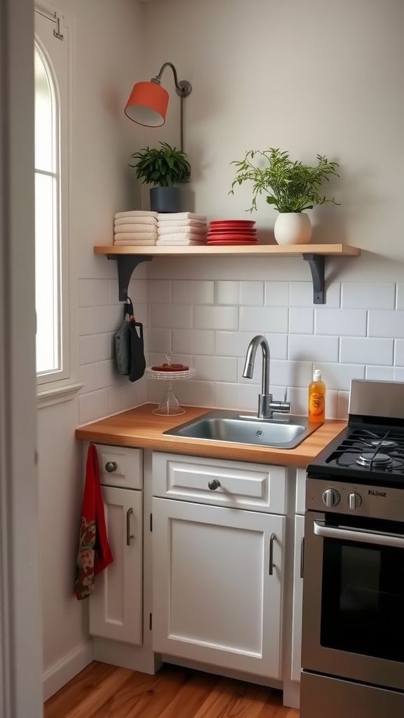 A small kitchen featuring a corner sink installation with a wooden countertop and white cabinetry.
