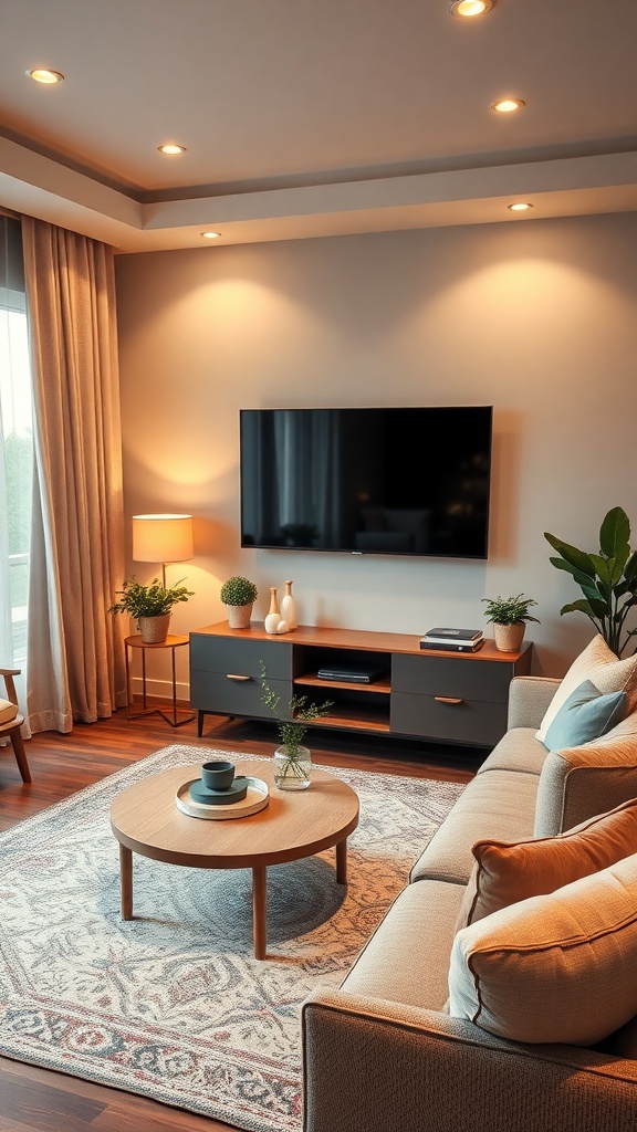 Cozy living room with a corner TV mount, soft sofa, round coffee table, and warm lighting.