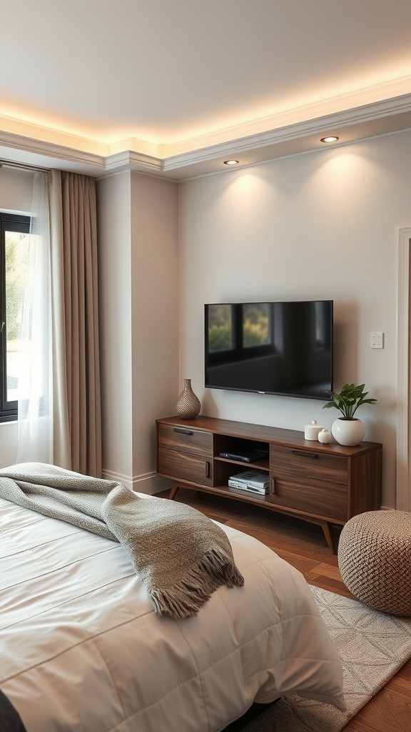 Cozy bedroom with a corner TV setup, featuring a wooden media console and soft lighting.