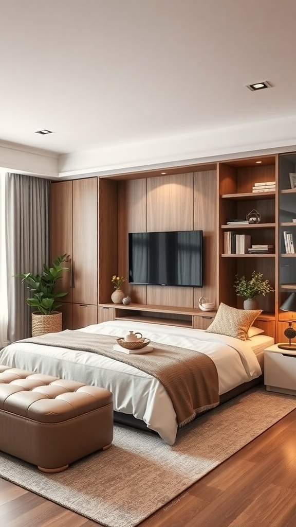 A cozy living room featuring a stylish corner wall unit with shelves and cabinets.