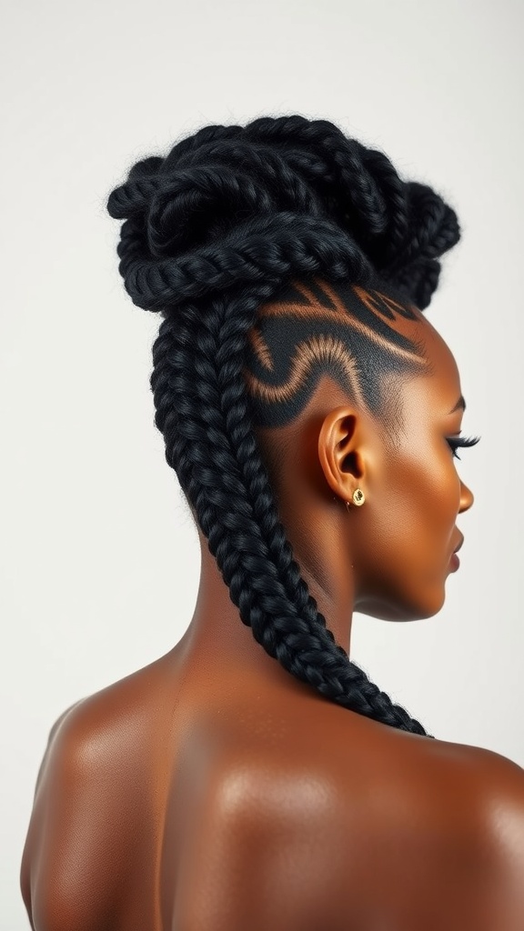 A side view of a woman with a Cornrow Braided Mohawk hairstyle featuring intricate braids and shaved patterns on the sides.
