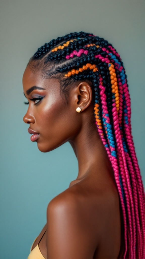 A woman with colorful cornrow braids styled in vibrant pink, blue, and orange.