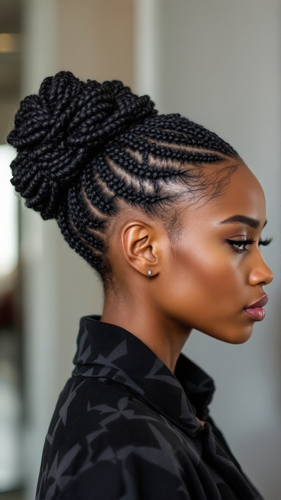 A close-up profile view of a woman with a cornrow updo featuring geometric patterns.