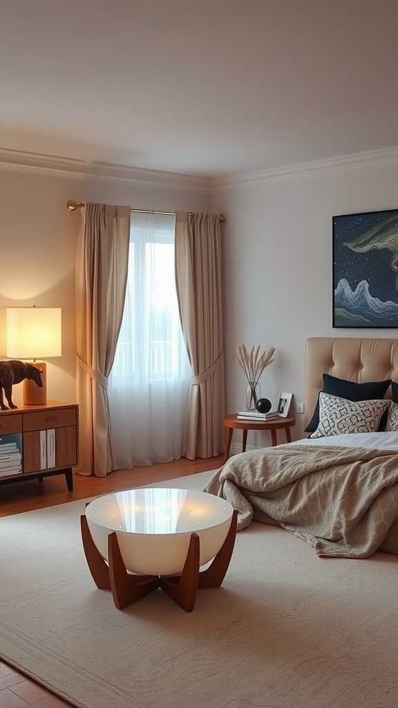A cozy bedroom featuring cosmic accent furniture, including a unique coffee table and celestial-themed artwork.