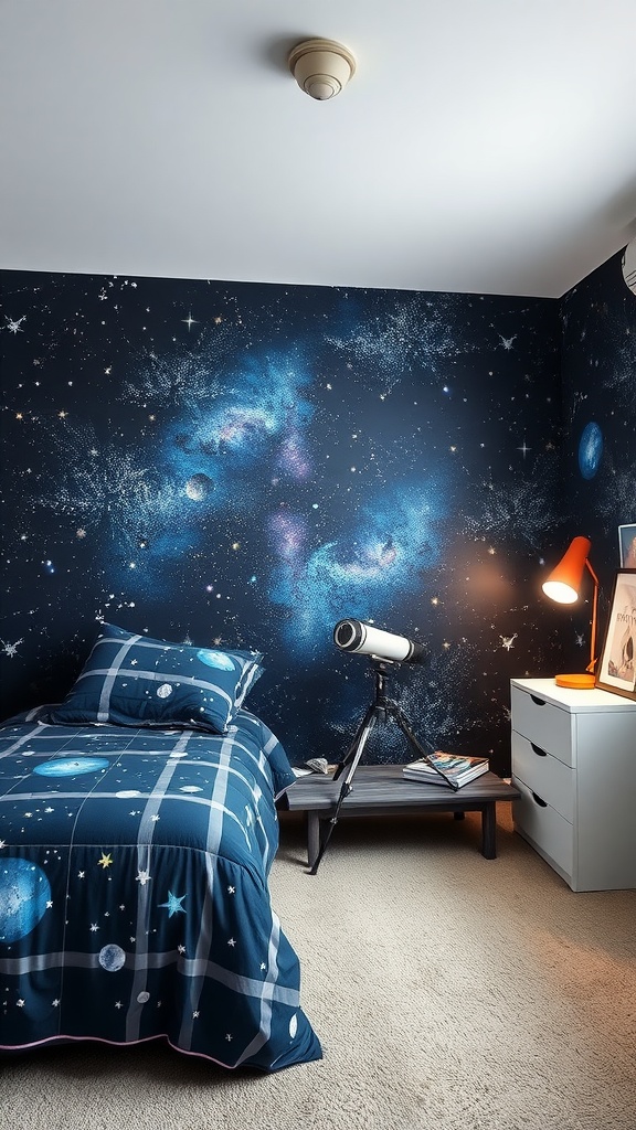 A teen girl's bedroom with a cosmic space theme, featuring a galaxy mural, star-themed bedding, a telescope, and warm lighting.