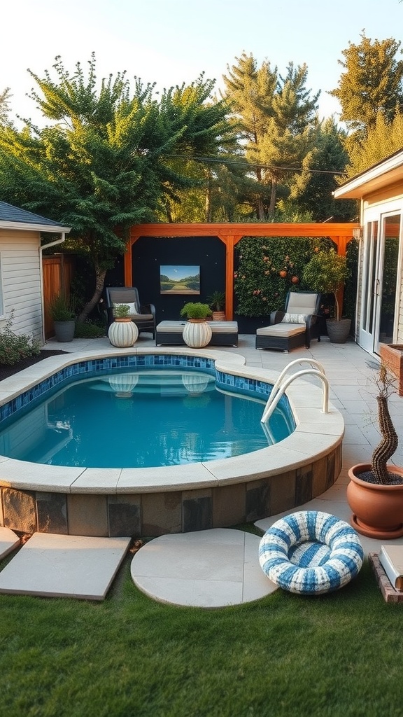 A small backyard pool surrounded by green trees and comfortable seating