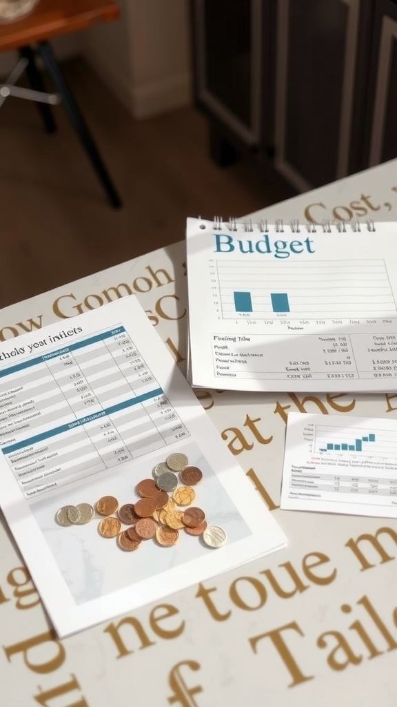 Budgeting documents and coins on a table, symbolizing cost planning for a penny tile bathroom project.