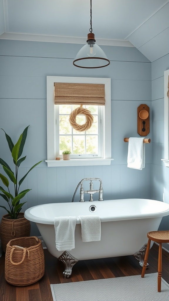 A cozy cottage-style bathroom featuring blue shiplap walls, a freestanding bathtub, and natural decor elements.
