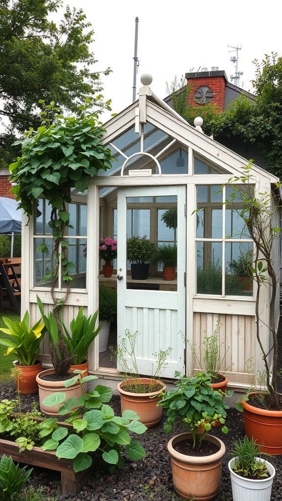 Cottage-style greenhouse surrounded by climbing plants and potted plants.
