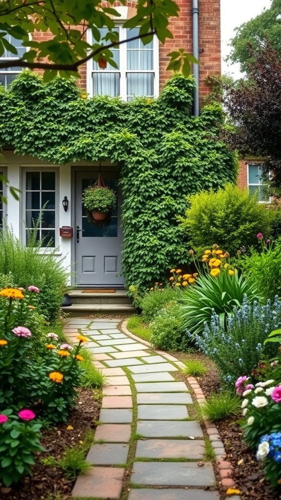 A charming front garden with a winding path surrounded by lush flowers and greenery.