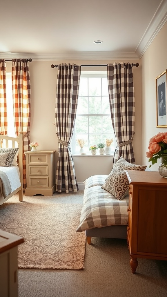 A cozy bedroom featuring cottage style checkered curtains in warm colors, with a bed, nightstand, and decorative pillows.