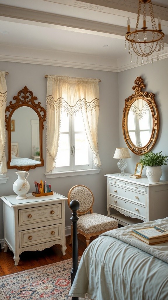 A cozy cottage bedroom featuring ornate mirrors, light curtains, a wooden floor, and soft decor.