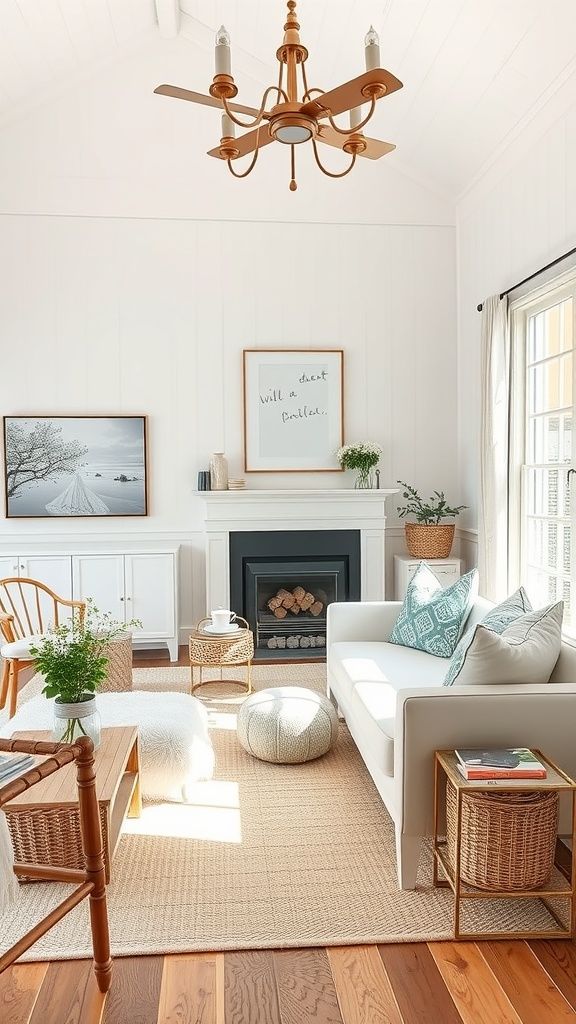 Cozy living room featuring white cottage style wainscoting, wooden floors, and natural decor.