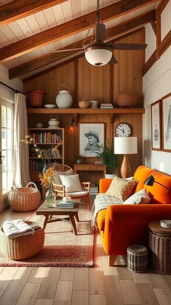 Cozy cottage living room featuring a bright orange sofa, wooden beams, and natural decor elements.