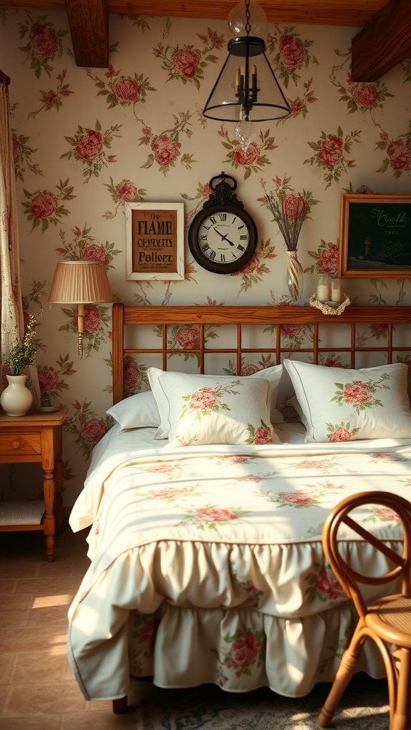 A cozy cottagecore bedroom with floral wallpaper, a vintage clock, and warm lighting.