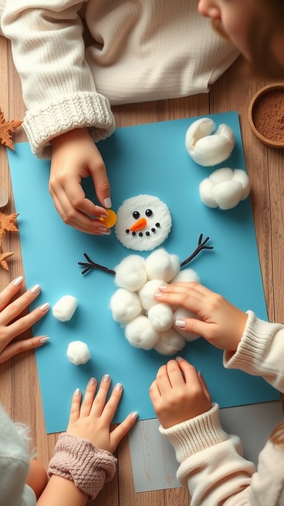 Children creating a cotton ball snowman on blue paper
