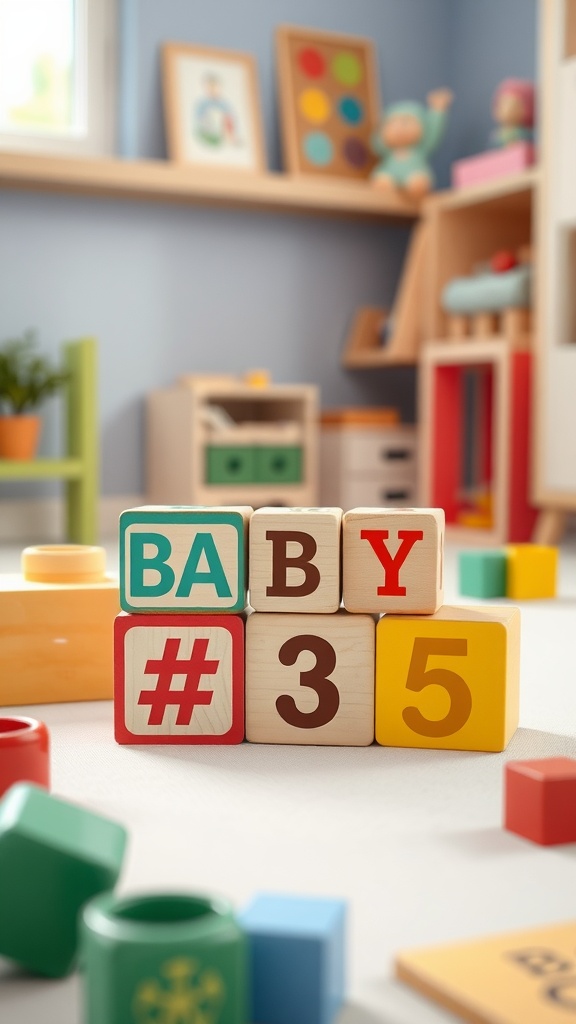 A colorful display of blocks spelling 'BABY #3' in a cheerful playroom