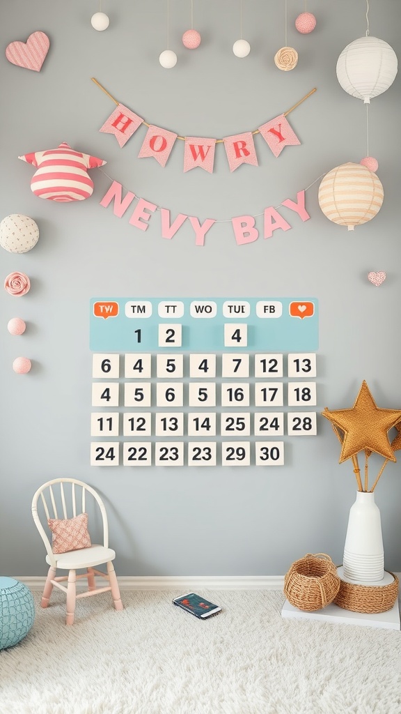 A decorative countdown calendar for a baby announcement, featuring a soft color palette and playful elements.