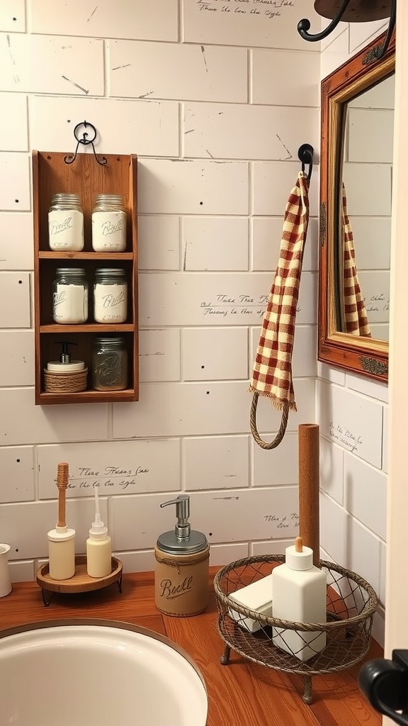 A rustic bathroom with wooden shelves, mason jars, and checkered towel.