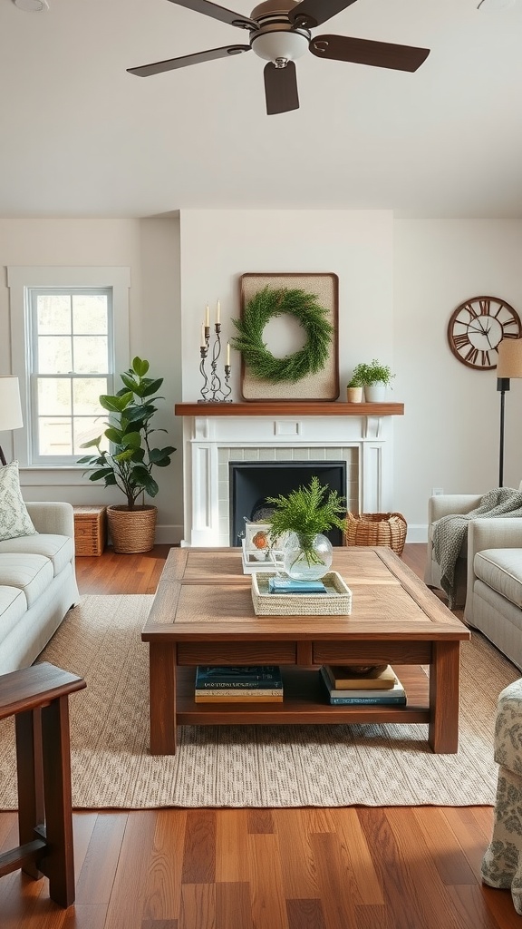 Cozy farmhouse living room with a wooden coffee table and soft furnishings.