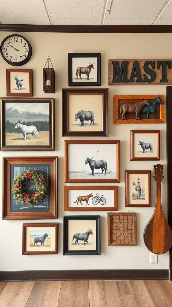 A wall decorated with a variety of framed animal-themed artwork, a wreath, and a clock, creating a cozy country kitchen vibe.