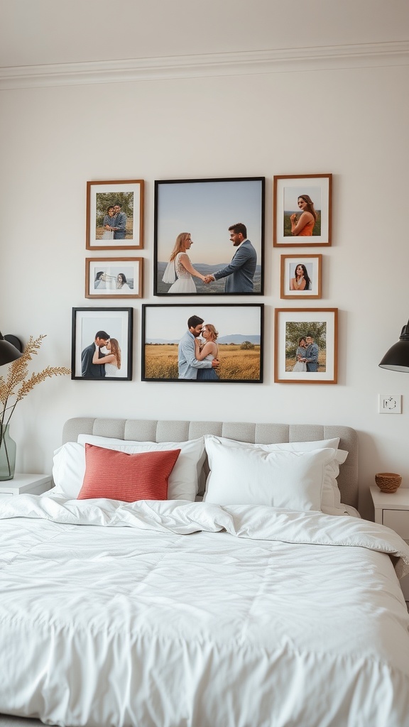 A beautifully arranged couples' photo collage on the wall above a bed.