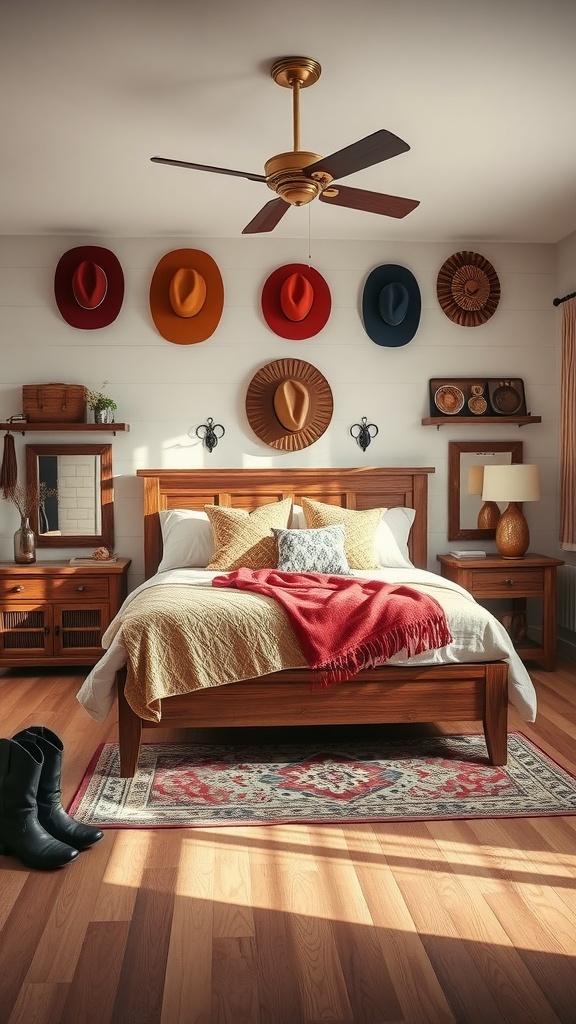 A cozy cowboy-inspired bedroom featuring a wooden bed, colorful cowboy hats on the wall, and rustic decor.