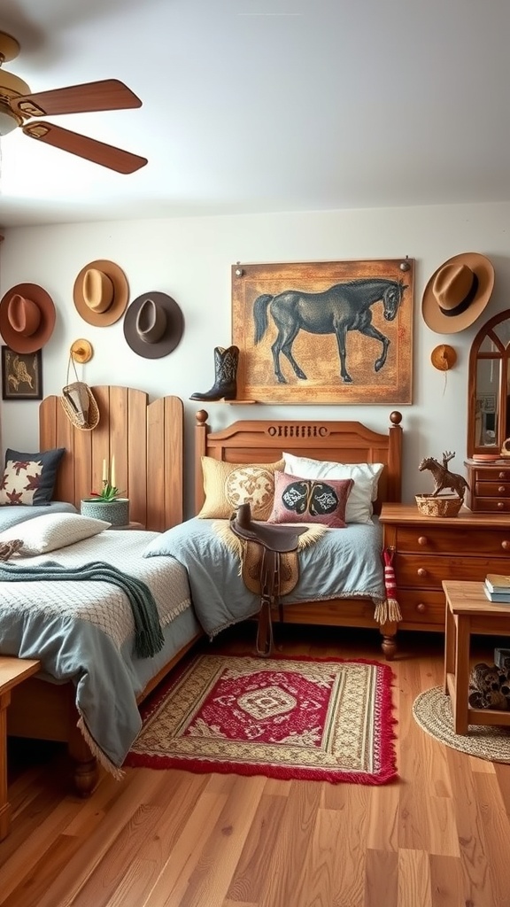 A cozy cowboy-inspired bedroom featuring wooden furniture, decorative pillows, and cowboy hats on the wall.