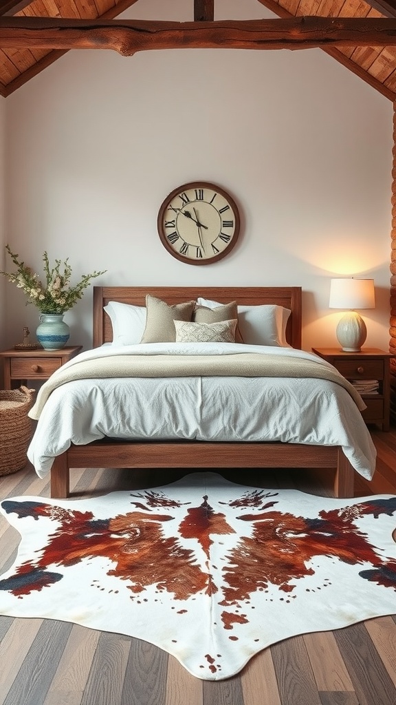 A cozy western-style bedroom featuring a cowhide rug, wooden furniture, and warm lighting.