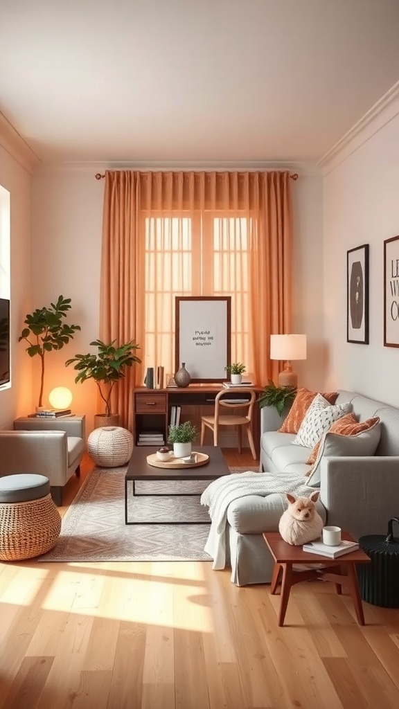 Cozy living room with warm lighting, featuring soft furnishings and plants