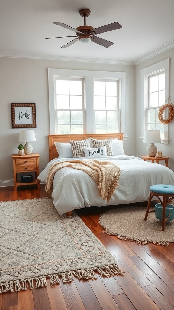 A cozy farmhouse bedroom featuring a large patterned area rug and a smaller round rug, with wooden furniture and soft bedding.