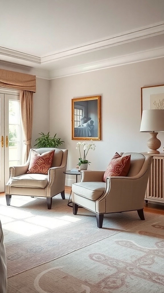 Two cozy armchairs with decorative pillows in a traditional living room setting.